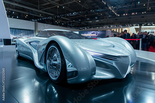 Silver Concept Car with Fluid Design Lines at Automotive Expo © Svetlana