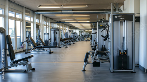 An unoccupied modern gym with state-of-the-art equipment and large mirrors.