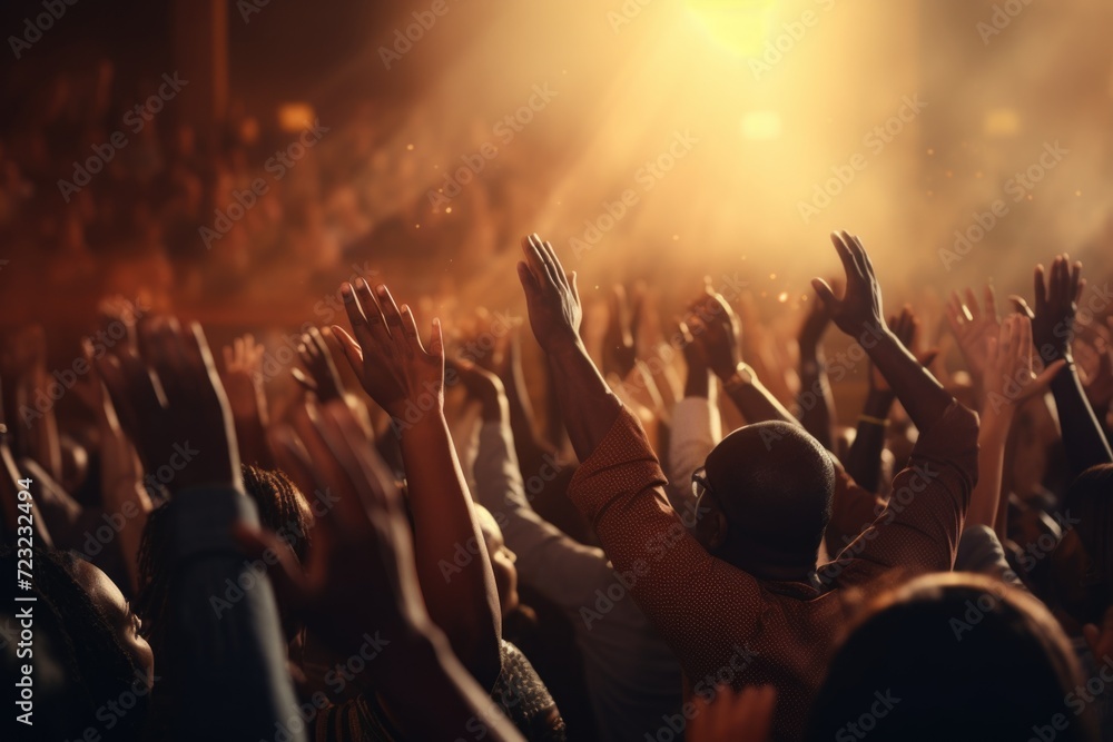 A crowd of people with their hands raised high. Suitable for various uses A crowd of people with their hands raised high. Suitable for various uses