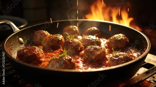 A skillet with meatballs and sauce cooking on a stove. Perfect for recipes and cooking blogs