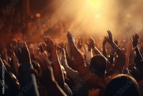 A crowd of people with their hands raised high. Suitable for various uses