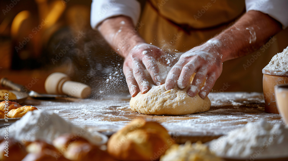 A bakers hands kneading dough on a flour-dusted wooden surface surrounded by fresh pastries and baking tools.