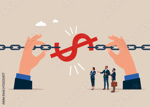 Hand connecting broken chain. Financial crisis and Global economic money problem, Bankruptcy unpaid loan debt, investment failure. Flat vector illustration