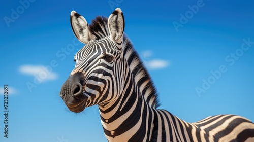 A close up of a zebra s face against a blue sky. Perfect for nature or wildlife themed designs