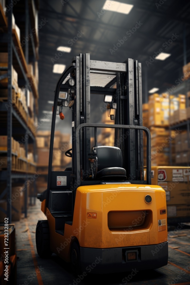 A parked forklift truck in a warehouse. Ideal for illustrating industrial logistics and warehouse operations