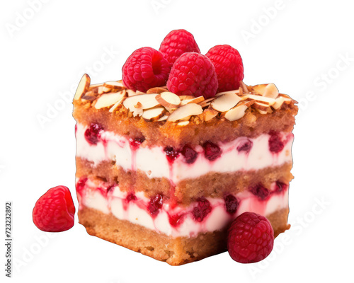 piece raspberry and almond cake isolated on white