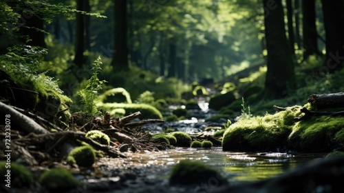 A picture of a stream flowing through a vibrant and lush green forest. Perfect for nature enthusiasts or environmental themes