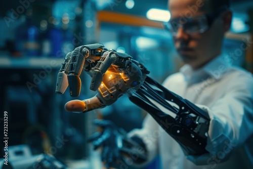A technician in a lab adjusts a biomechanical prosthetic arm, showcasing the intersection of technology and human enhancement