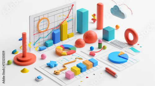 Modern colorful 3D infographics. Statistics Business 3d Pie Chart, Bars, Strips, Steps and Options. Business Infographic creative design made of 3D shapes