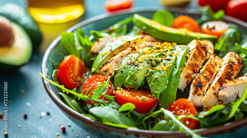 A colorful salad bowl filled with fresh greens cherry tomatoes avocados and grilled chicken on a bright sunny table.
