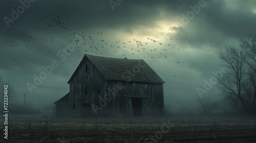 A spooky old barn in the middle of a desolate field, with bats circling overhead and strange noises emanating from within. 