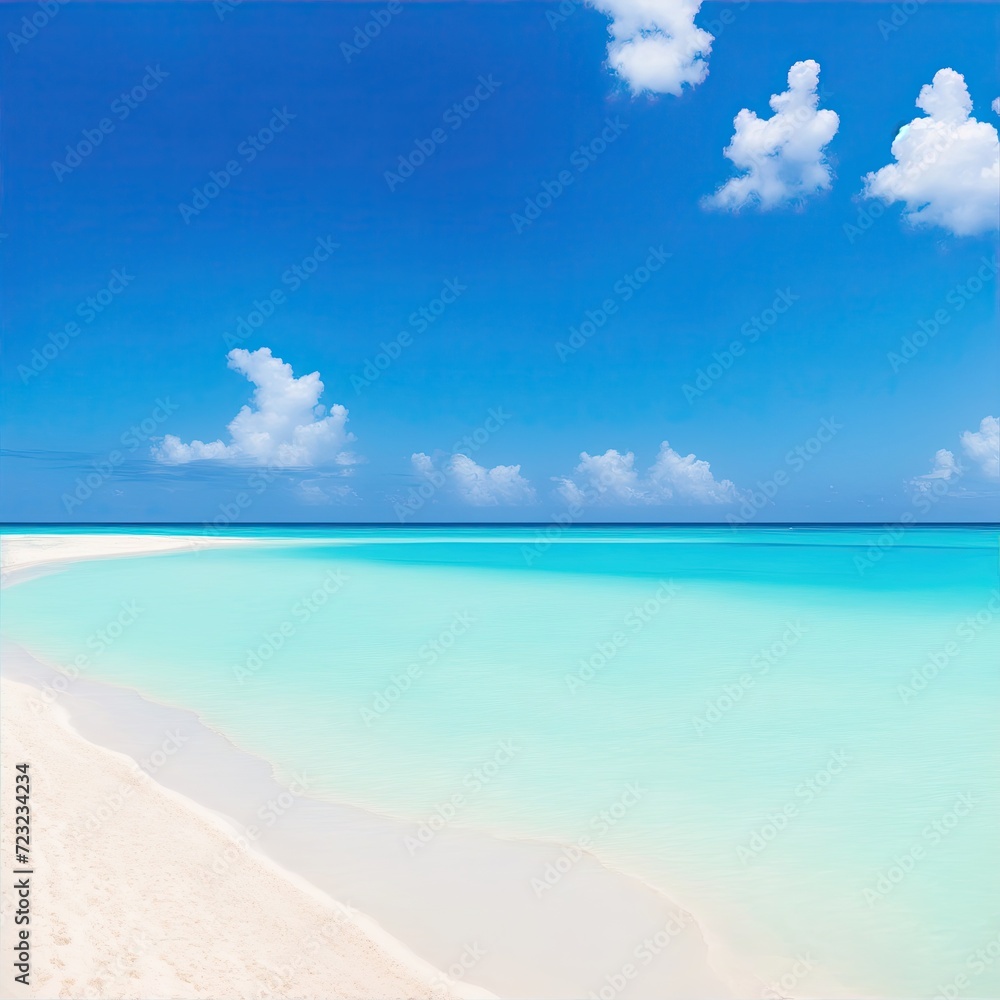 Beautiful sandy beach with white sand and rolling calm wave of ocean white clouds in blue sky background landscape Beautiful sandy beach with white sand and rolling calm wave of ocean white clouds in blue sky background landscape