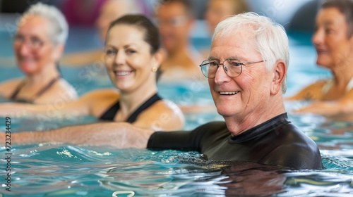 Group of lively elderly men having a fun and energetic water aerobics session in a sparkling pool