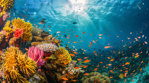 A coral reef teeming with marine life underwater.