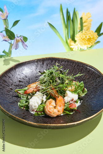 Stracciatella and Shrimp Salad with Surreal Floral Overtones for Spring and Summer