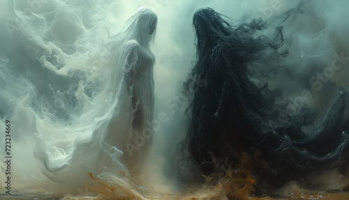 The guardian angel faces the demon. Good and evil. 