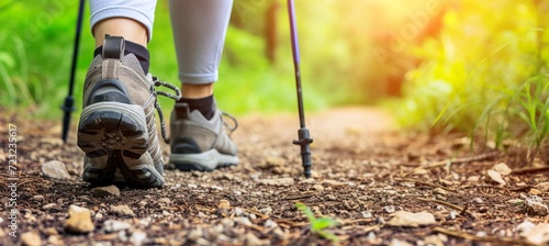 Hiker s legs trekking through forest with hiking sticks healthy lifestyle concept
