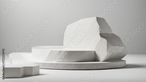 White stone podium on white table with gray wall background. High quality photo photo