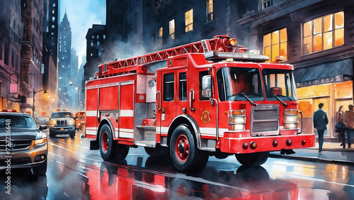 fire truck on the street of New York, watercolor style photo