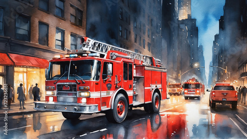 fire truck on the street of New York, watercolor style photo