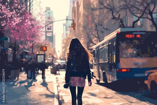 a girl is walking down the street in the style of fashion illustration, new york cityscape, classic glamour, spring