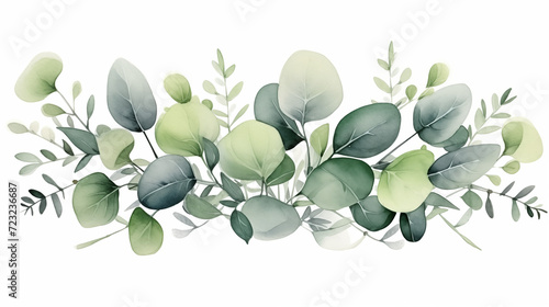 Floral green wedding botanical composition of leaf branches, eucalyptus. Elegant foliage design element for bridal shower, birthday card, baby shower, wallpaper, packaging paper, wrapping paper