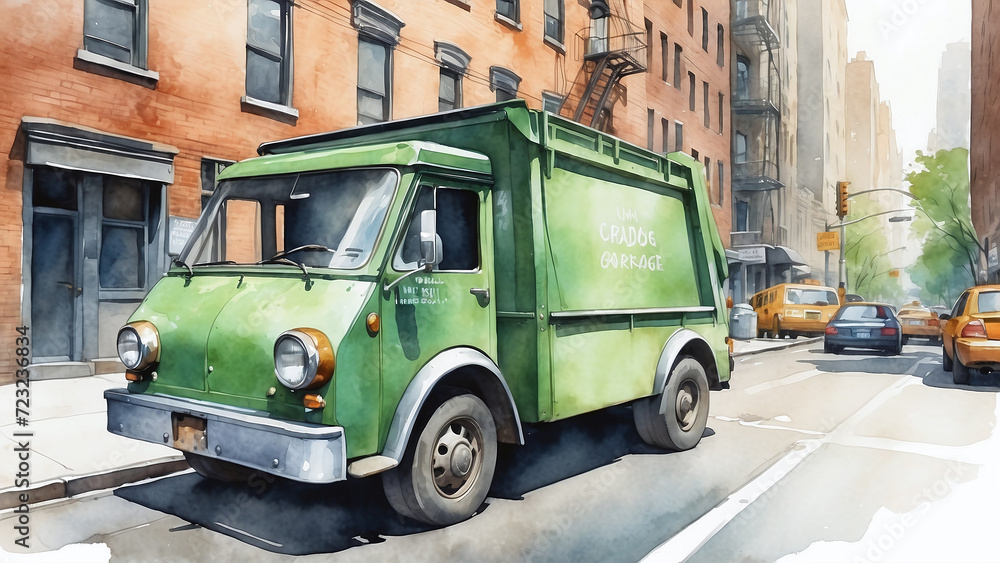 garbage truck in the city watercolor art
