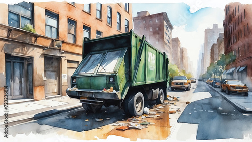 garbage truck in the city watercolor art photo