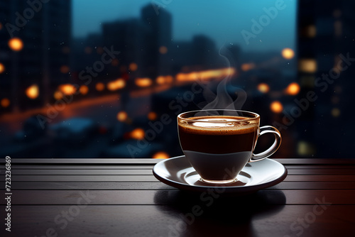 cup of hot coffee on the city street at night light background  copy space