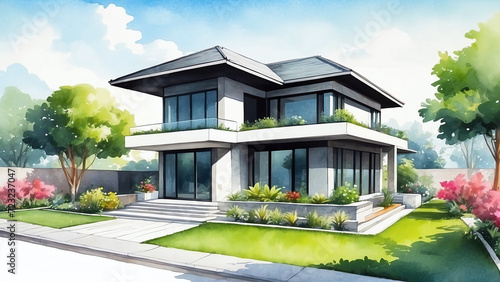 modern luxury house with watercolor style
