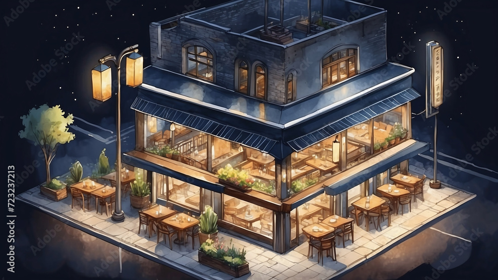 cafe in the city isometric watercolor 