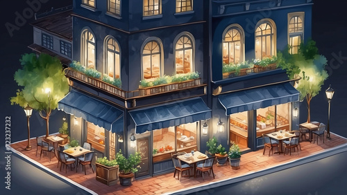 cafe in the city isometric watercolor 