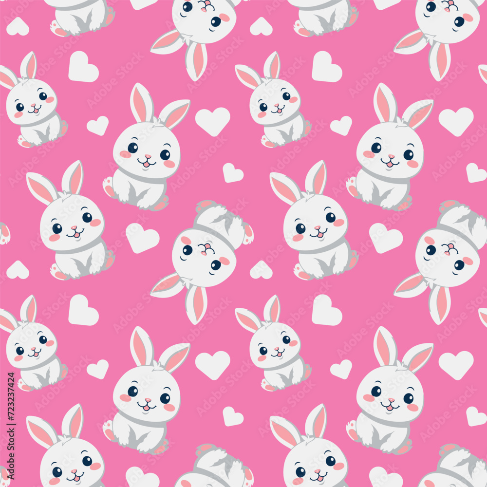 seamless background with cute white bunny with hearts on a pink background. kids decor, fabric