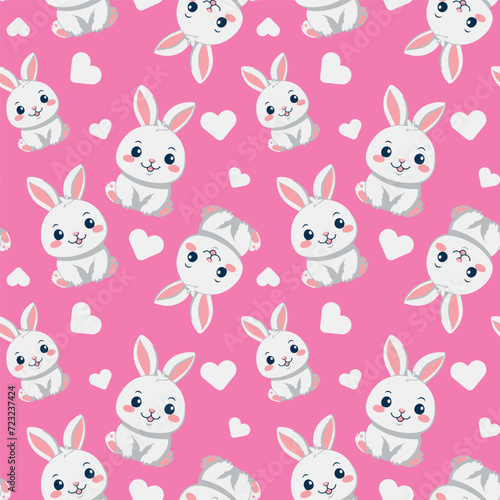 seamless background with cute white bunny with hearts on a pink background. kids decor  fabric