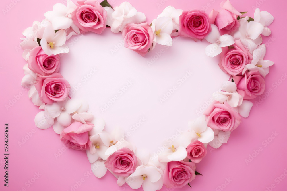 Heart white shape, flower of roses around of the heart shape, flowers on Valentine's day, Mother's day. Concept of greeting cart with pink background. Flatly, space for text