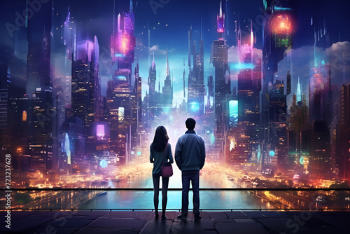 A couple looking at a futuristic night city