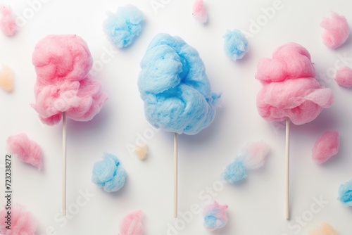 Assortment of delicious cotton candies on a white surface