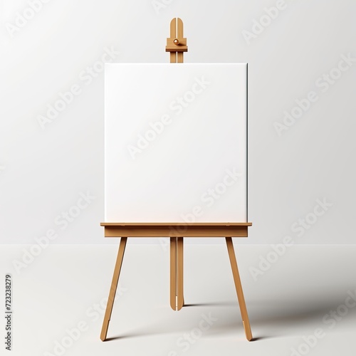 White canvas on wooden easel and copy space on white background.