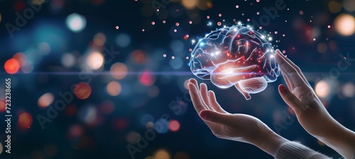 Holographic representation of a human brain suspended in the air, being examined by hands
