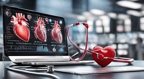 Heartbeat on the monitor and stethoscope, generative Ai photo
