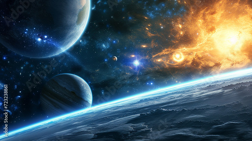 A celestial scene with planets, stars, and galaxies, symbolizing the vastness of space exploration, science, dynamic and dramatic compositions, with copy space