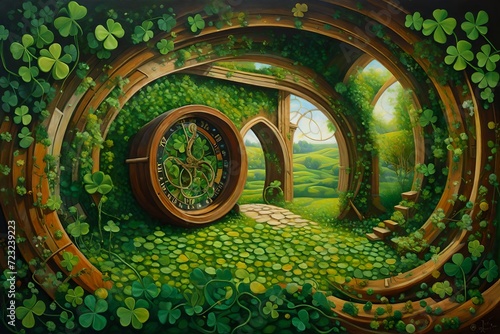 St. Patrick's Day in a time-warped garden, clover portals connecting different eras, a surreal and time-bending celebration