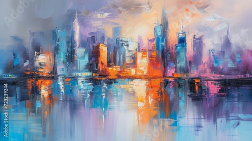 Painting of an Urban Skyline - Modern Impressionism in Light Violet and Light Orange - Soft Focus Technique Cityscape Reflections on Oil Canvas Wallpaper created with Generative AI Technology