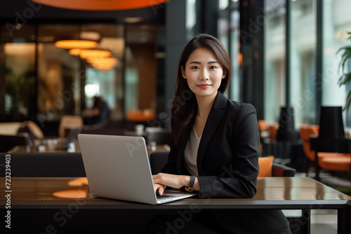 Asian woman working with laptop in a luxury bar
