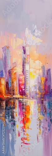 Painting of an Urban Skyline - Modern Impressionism in Light Violet and Light Orange - Soft Focus Technique Cityscape Reflections on Oil Canvas Wallpaper created with Generative AI Technology © Desizexa