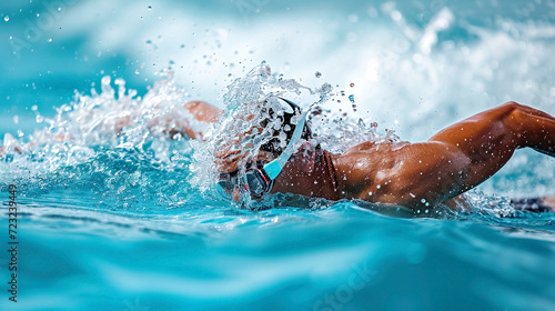 An athlete swimmer blue water in middle of stroke, water splashing around. Swimming competition in a pool or open water