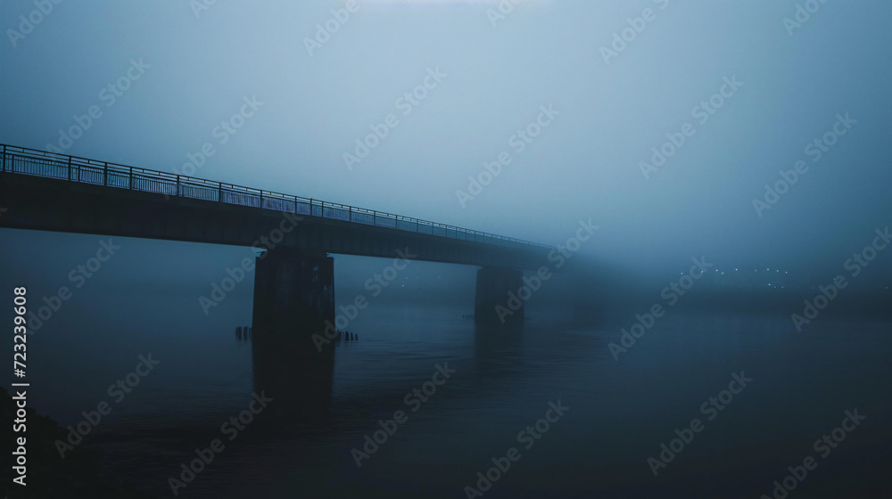 A dense fog enveloping a city bridge.