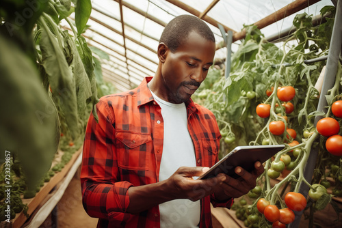 Black farmer with a digital tablet in greenhouse. Integration of technology for efficient and progressive agricultural management.
