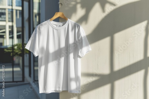 Front side of male white cotton t-shirt on a hanger and a concrete wall in the background. T-shirt without print and copyspace for your text on right side 