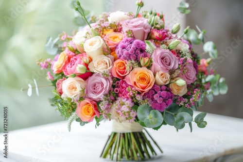 Wedding bouquet isolated on a white background. A fresh  lush bouquet of colourful flowers 